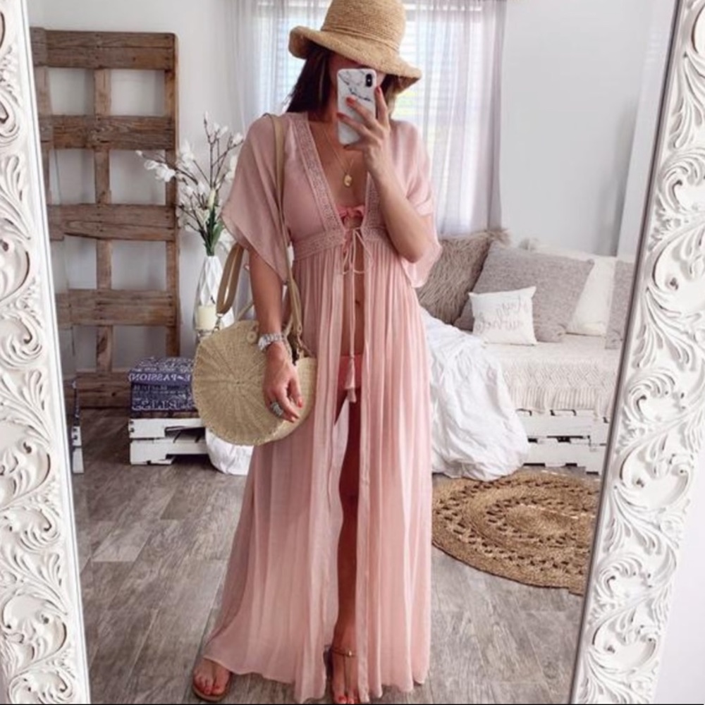 B2G1♦️🌺 Pink Sheer Bikini CoverUp Kimono Dress